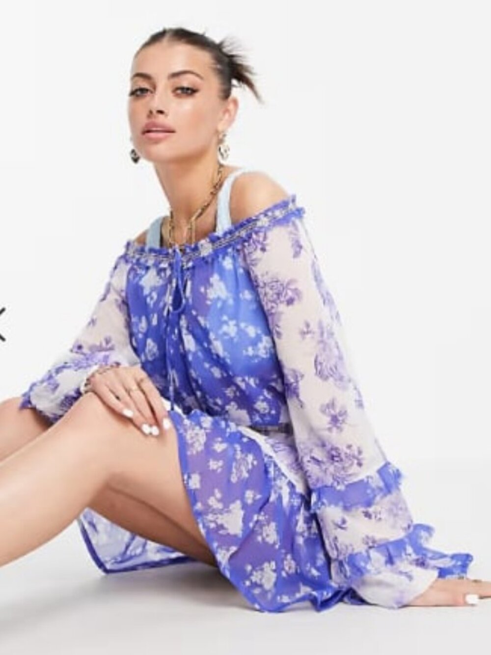 RIVER ISLAND Resort Boho Chiffon Mini Dress Beaded Tassel Ties Blue\White XS NWT